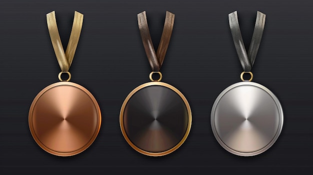 Foto tre medaglie con nastri su sfondo nero adatte per premi e risultati concetto