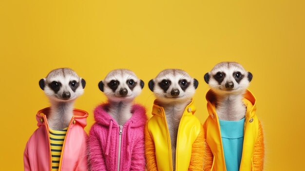 Three meerkats in colorful jackets standing next to each other generative ai