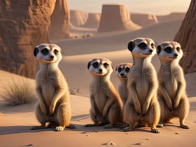 three meerkats sitting on a sand dune in the desert