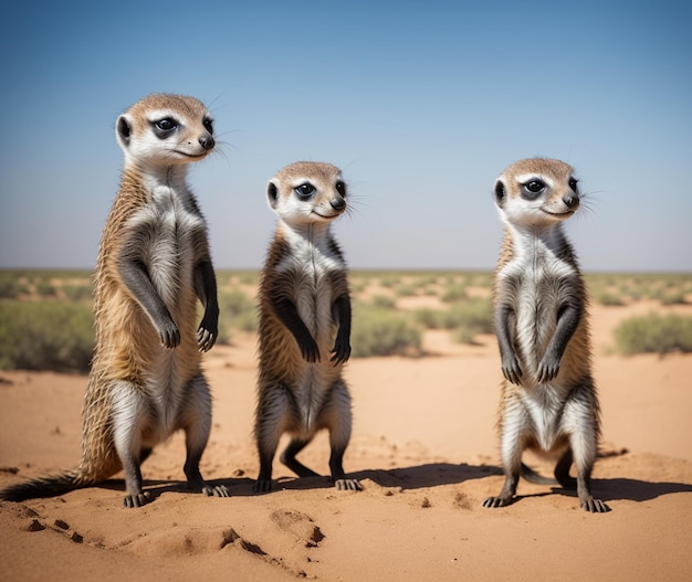 Three meerkats stand in the desert and look at the camera.