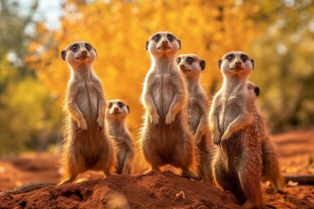 Three meerkats standing on a mound of dirt in front of trees generative ai