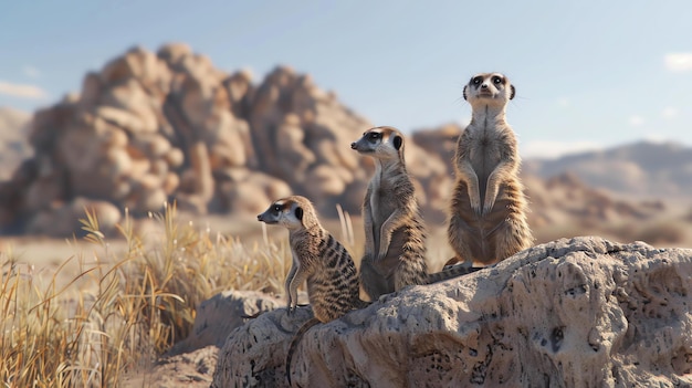 Foto tre suricati in piedi su una roccia nel deserto che si guardano intorno il sole splende intensamente e la sabbia è di colore marrone chiaro