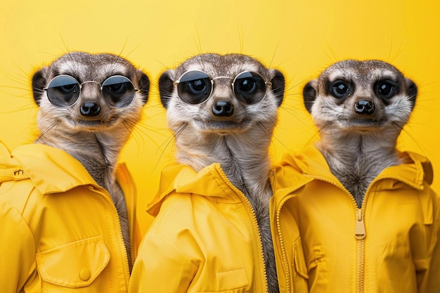 Three meerkats in yellow jackets and sunglasses give off cool vibes against a yellow background