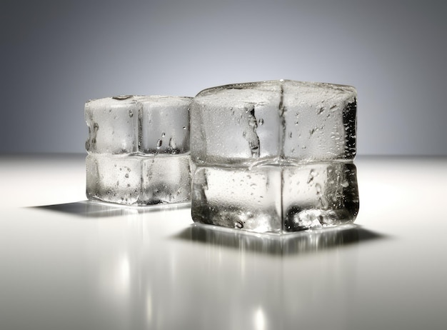 Three melting ice cubes on glass table On white background Created with Generative AI technology