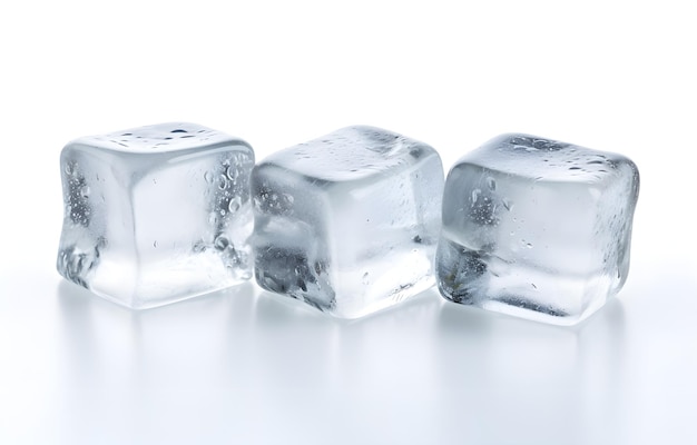 Three melting ice cubes on white background