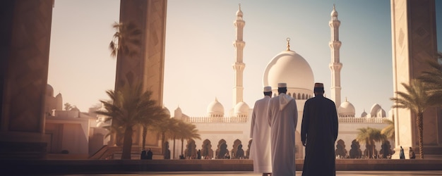 Three Men in Arabian Attire Walking Towards a Mosque