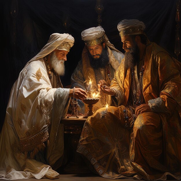 three men are playing a game with a man in a white robe