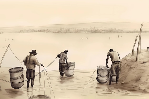 Three men are working on a river with buckets and buckets.