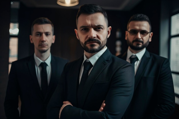 Three men arms crossed slight smile dressed in black business suits in office generative ai