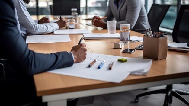 Three men gathered at a large business table ready to work