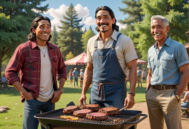 写真 バーベキューで肉を焼く3人の男性