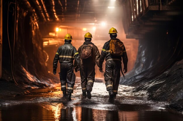 Foto tre uomini con i caschi che camminano in un tunnel.