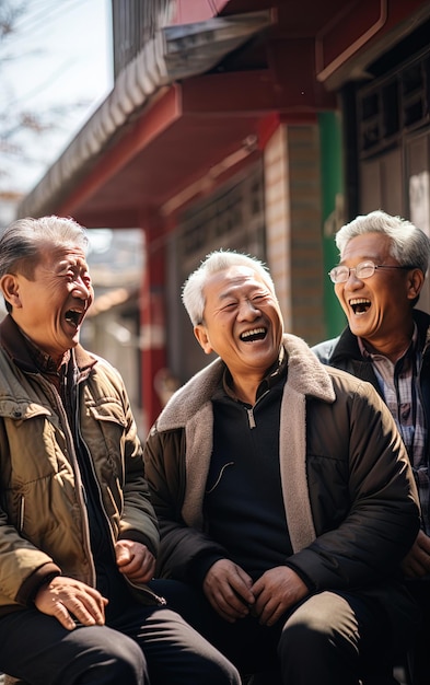 three men laughing and laughing in front of a building