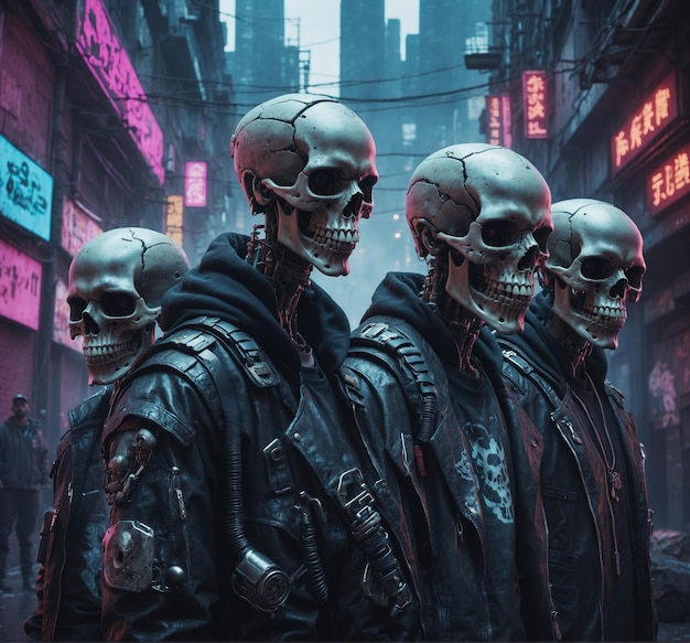 three men in leather jackets stand in front of a neon sign that says quot skull quot