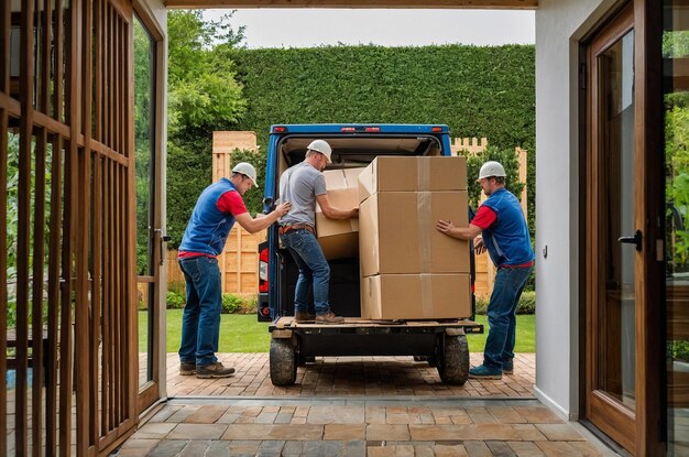 three men loading boxes onto a truck with one carrying a box