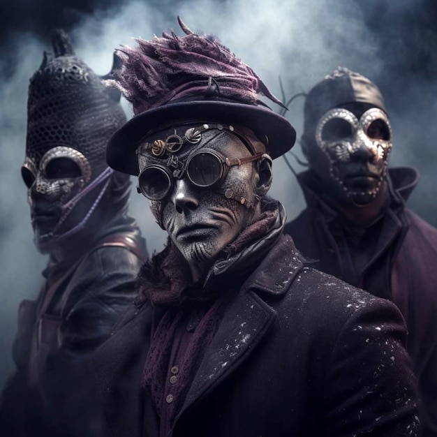 Three men in masks with the word ghost on them