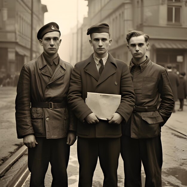 Photo three men in military uniforms stand in a street with a paper in the middle