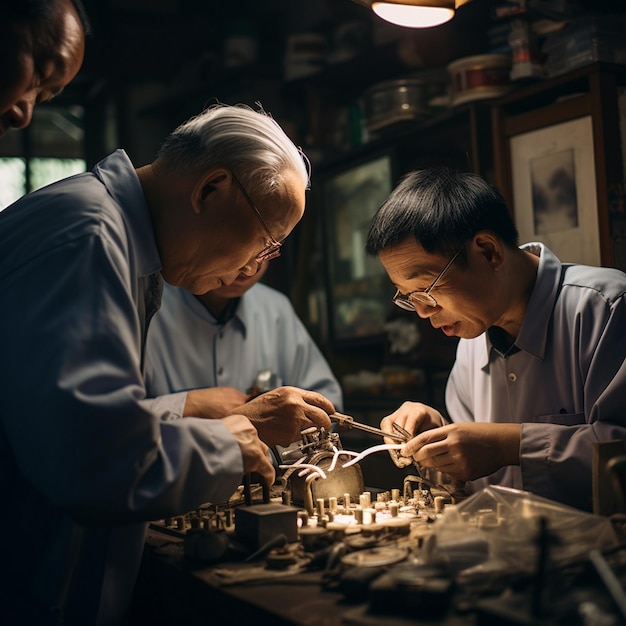 three men playing chess with one being taken by a man.