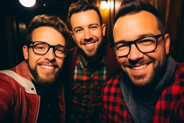 three men pose for a photo in front of a wall of lights