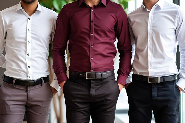 Foto three men in red and white shirts and black pants standing next to each other