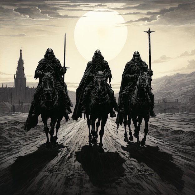 three men riding horses in a desert with a full moon in the background generative ai