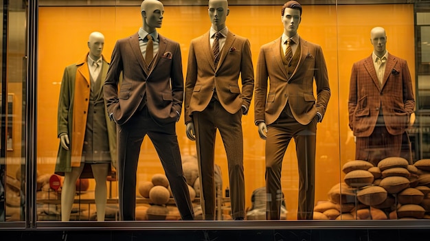 Three men's suits on display in a store window with manne behind them and one man wearing a suit