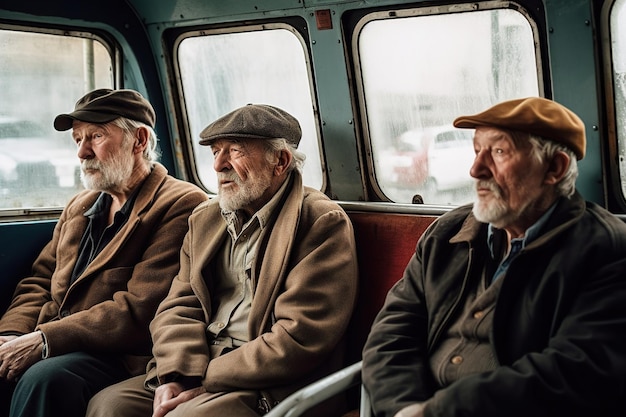 세 남자가 한 명은 모자를 쓰고 다른 한 명은 갈색 모자를 쓰고 버스에 앉아 있습니다.