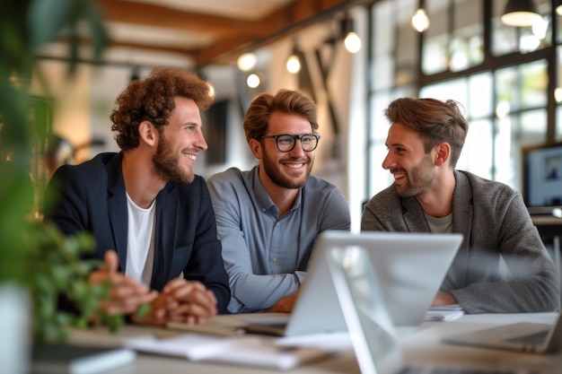 Three Men Sitting at a Table Looking at a Laptop