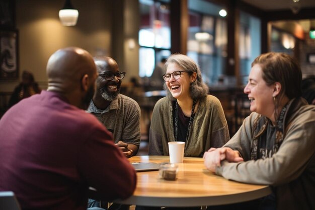 three men sitting at a table one of which has a cup of coffee and the other has a smile on his face