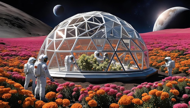 Three men in spacesuits tending to the flowers in a geodesic dome of atmosphere on the moon