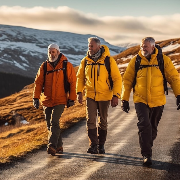 Three men walking on a road in yellow jackets