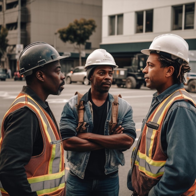 Three men wearing construction vests stand in a circle and talk to each other.