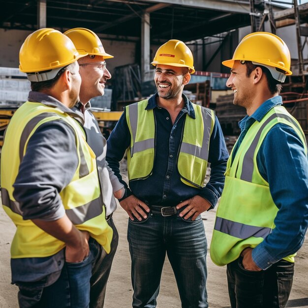 three men wearing hard hats, one wearing yellow vest, are wearing yellow vests.