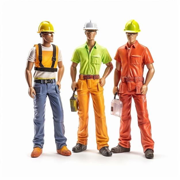 Photo three men wearing hard hats and orange pants, one of which has the number 3 on it.