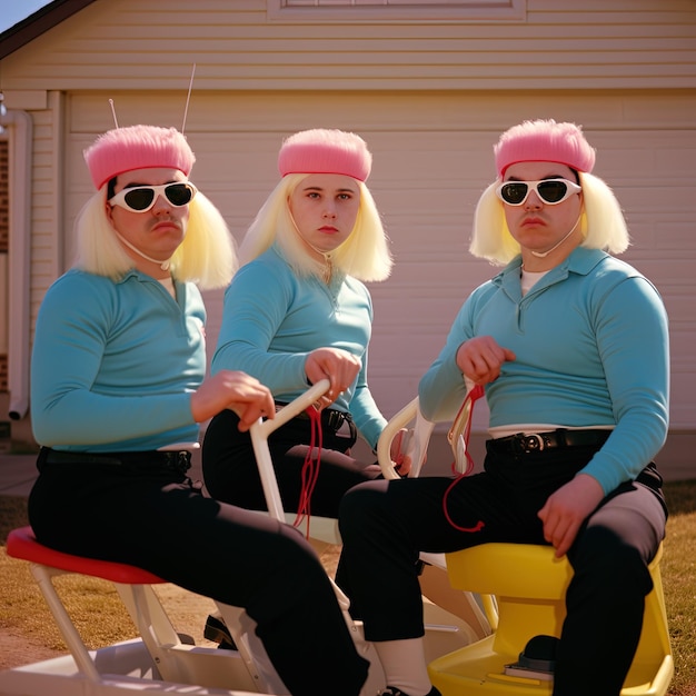 Photo three men wearing wigs sit on a tricycle.