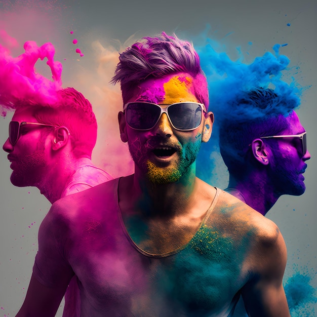 Three men with colorful powders Background, happy Holi