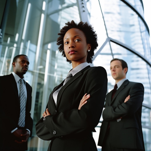 Three men and a woman in suits stand in front of a glass wall.