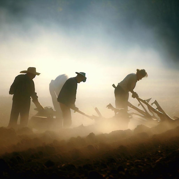 Трое мужчин работают в поле на фоне трактора.