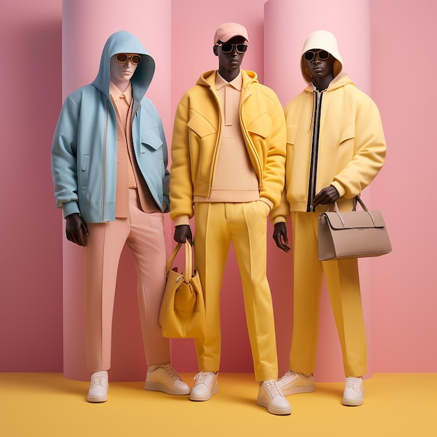 three men in yellow outfits are posing for a picture.