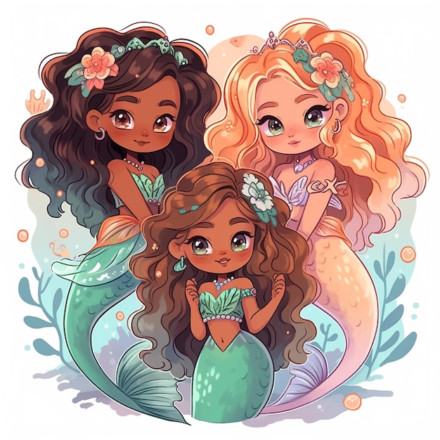 Photo three mermaid girls with long hair and flower crowns generative ai