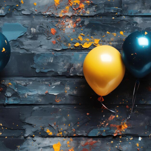 Three metal balloons surrounded by blue and yellow paint splatter on a wooden background tiled