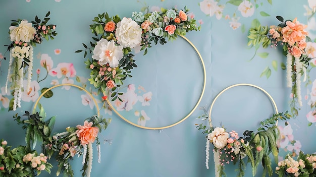 Photo three metal rings decorated with colorful flowers hang on a blue patterned background