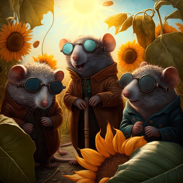 three mice are wearing goggles and one has a sunflower on his face