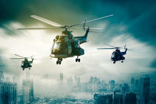 Three military helicopters flying over the misty city