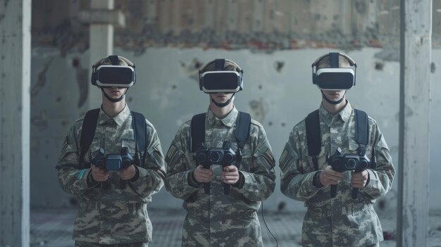 Three military operators in virtual reality glasses control a quadcopter Modern military weapons