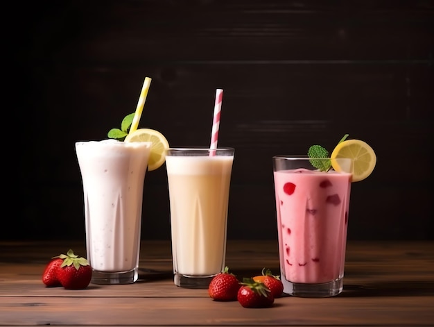 Three milkshakes with strawberries and lemon on a wooden table