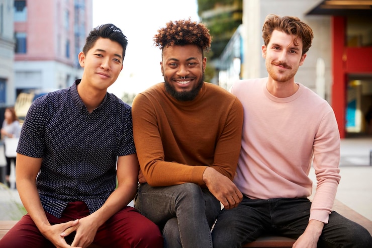 Photo three millennial male hipster friends on a bench in a city street smiling to camera close up