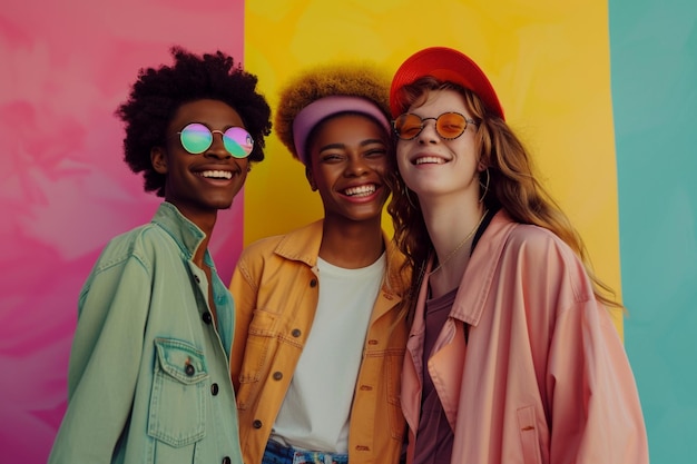 Foto tre persone miste trascorrono del tempo insieme vestiti eleganti sorridendo casualmente isolati sopra il muro