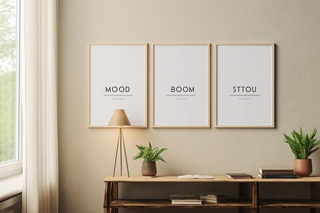 Three mock up posters frame on wall in modern