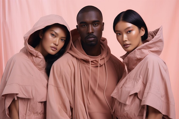 Three models wearing sweatshirt